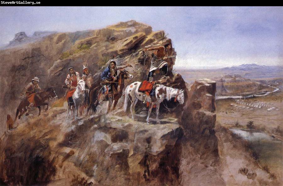 Charles M Russell Indians on a Bluff Surverying General Miles-Troops